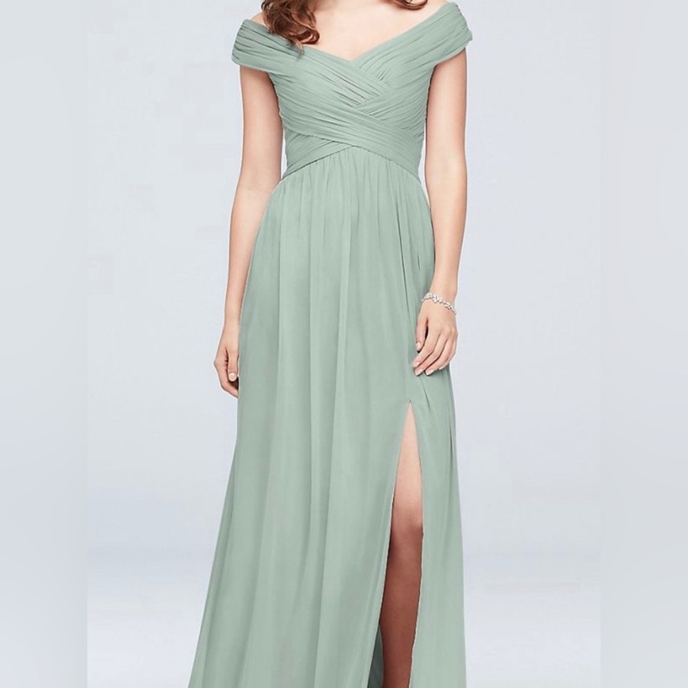 David’s Bridal Dusty Sage Off the Shoulder Bridesmaids Dress